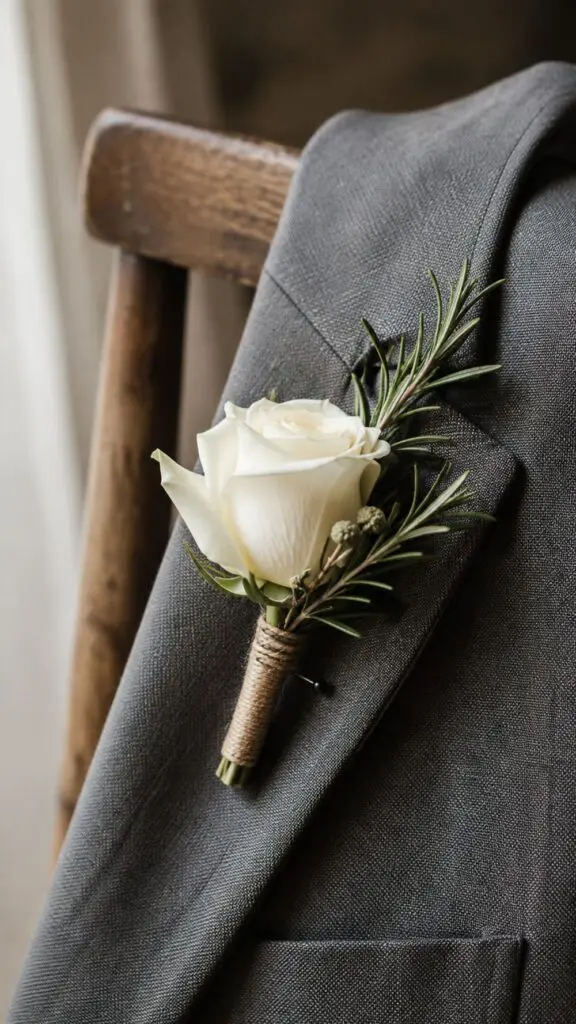 White rose and rosemary boutonniere pinned to a grey suit jacket draped over a wooden chair