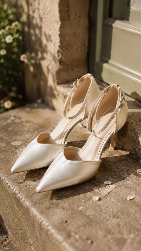 Ivory satin wedding shoes with crystal ankle straps on a stone doorstep