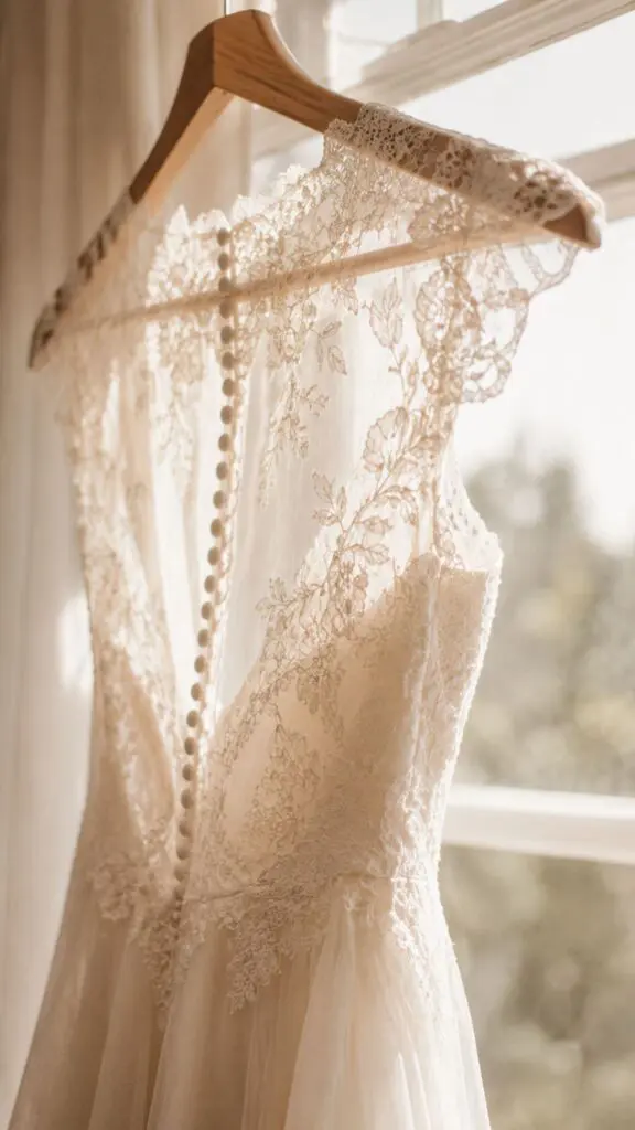 Lace wedding dress hanging in front of a sunlit window