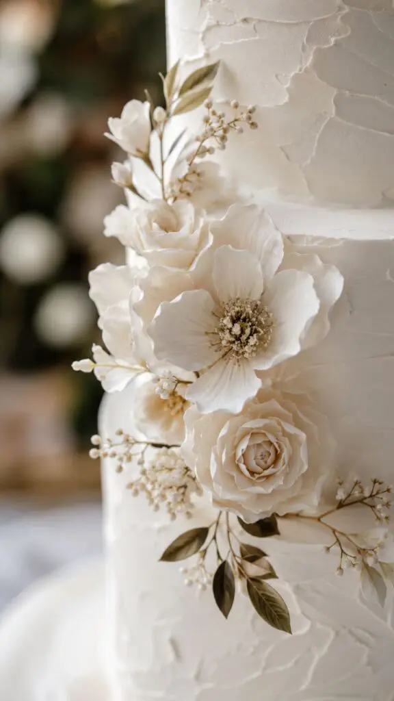 Close-up of white sugar flowers decorating a tiered wedding cake