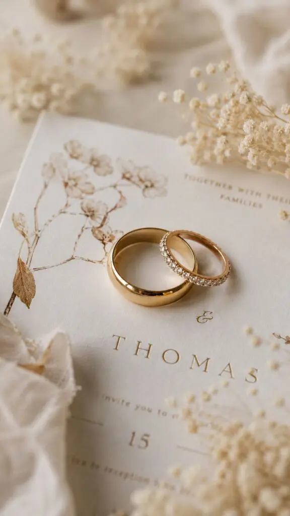 Two gold wedding rings resting on a cream wedding invitation surrounded by dried baby's breath flowers