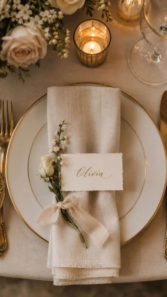 Overhead view of a wedding place setting with linen napkin, calligraphy place card, and candlelight