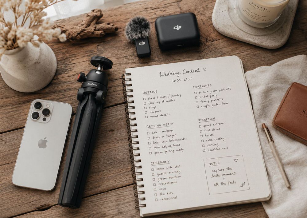 wedding content creator shot list with iPhone and wireless microphone