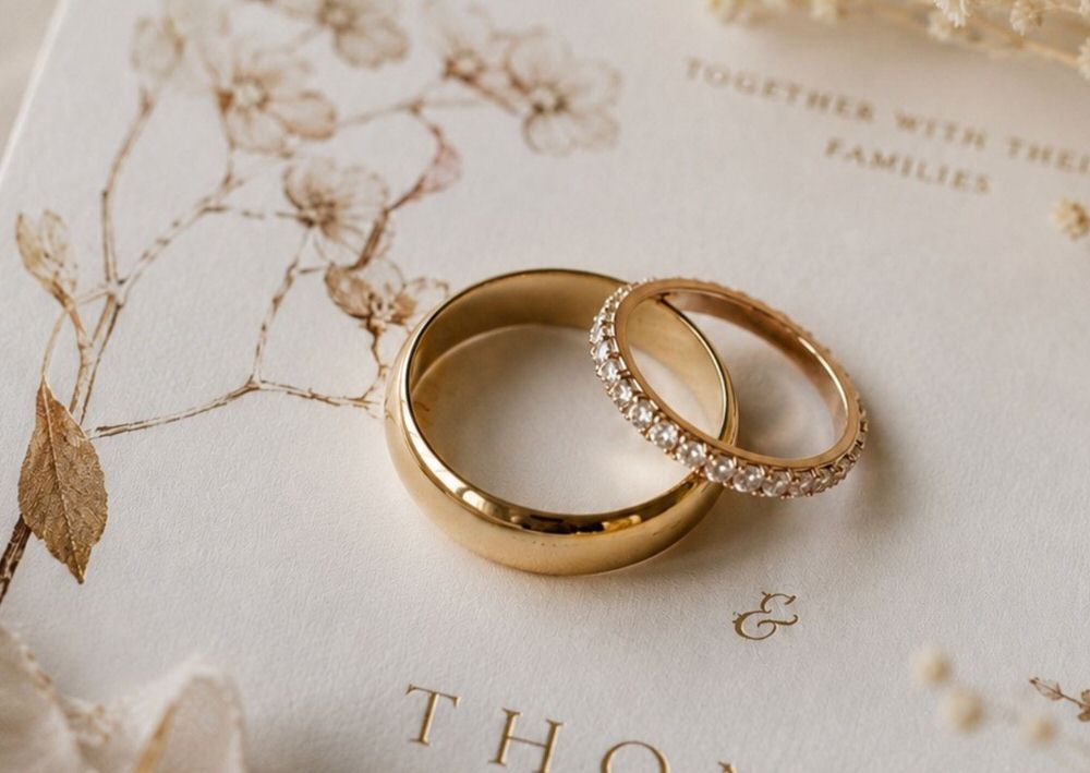 gold wedding rings on floral wedding invitation, wedding day detail shot